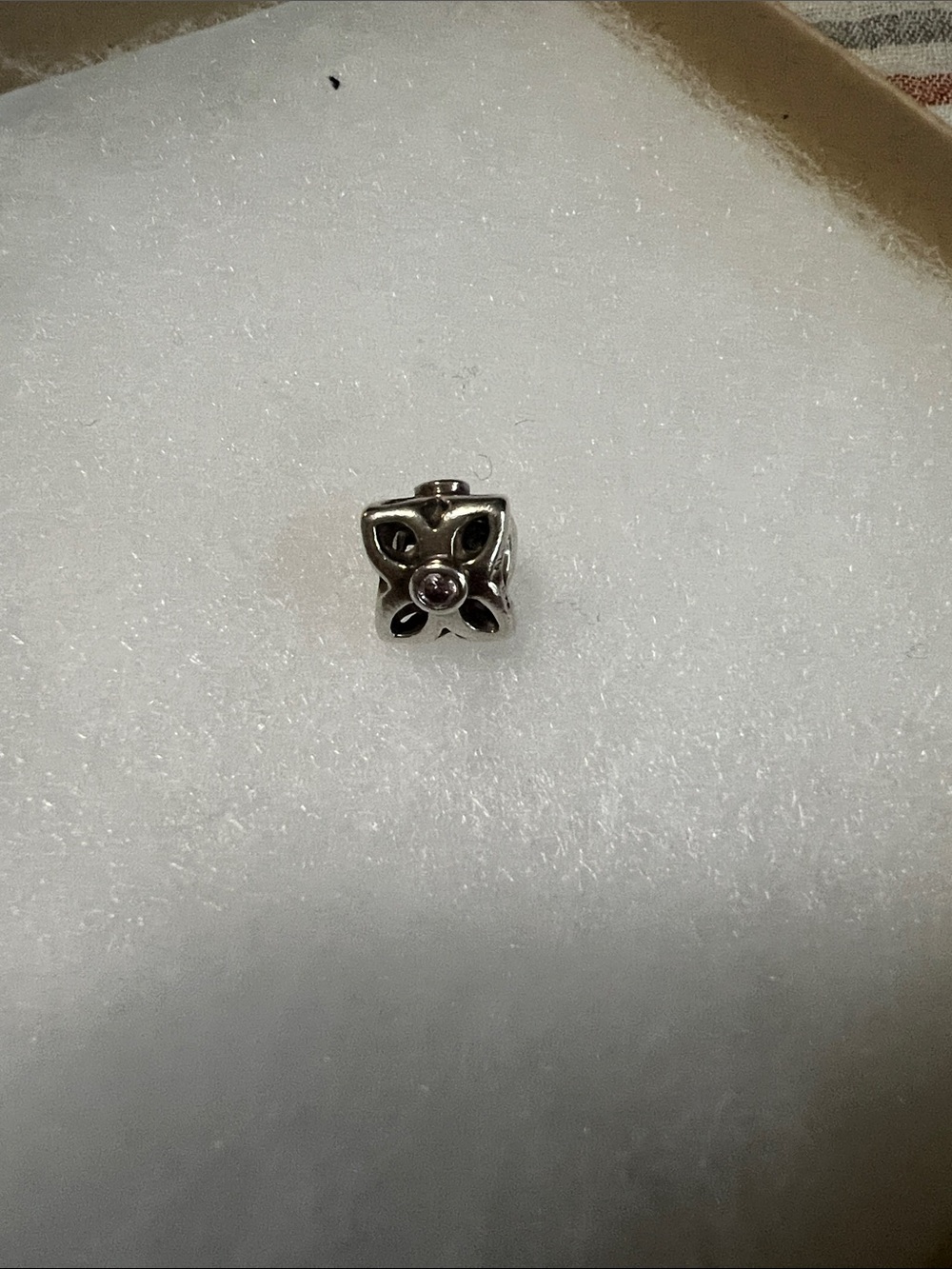 Retired Pandora Sweet Pea Four-Petal Flower Charm With Pink 3 Zirconias